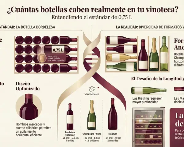 La composición del vino se muestra en botellas de diversos tamaños y formas, comparando el estándar de 0,75 L con formatos más grandes como Magnum.