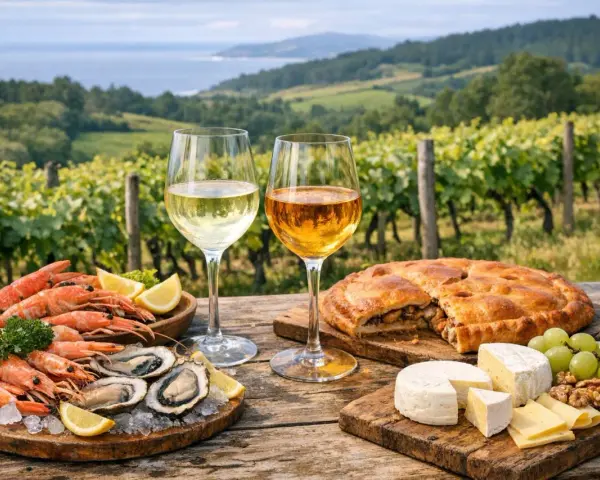 Dos copas de vino blanco, marisco fresco, empanada y quesos, perfectos para acompañar los mejores albariños en un viñedo.