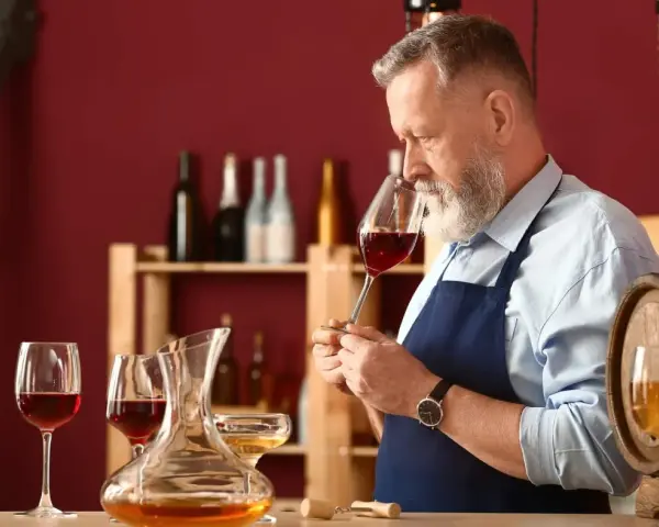 Un experimentado catador de vinos, con barba canosa, huele un cáliz de vino tinto. En la mesa, copas y una jarra con vino.