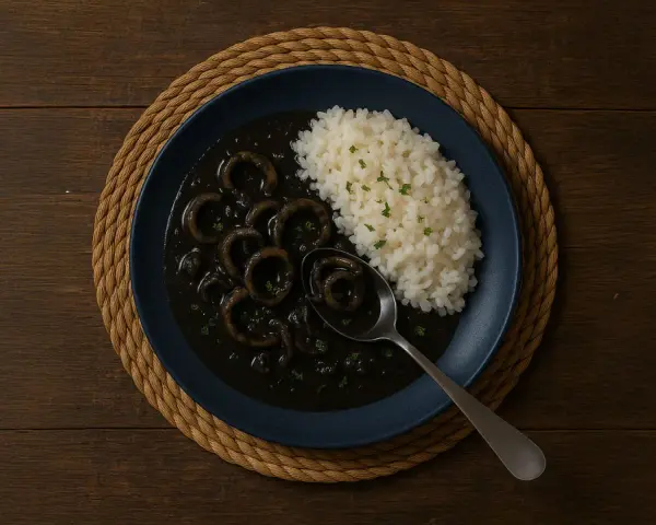 Plato de calamares en su tinta con arroz blanco, servido en un plato azul sobre una esterilla de mimbre.