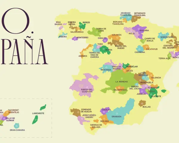 Mapa de España con las distintas denominaciones de origen de vinos. Cada región vinícola está coloreada y etiquetada, mostrando la diversidad de vinos de denominación de origen.
