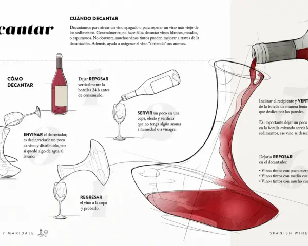 Ilustración explica cómo decantar un vino tinto, aireándolo y separando sedimentos. Incluye pasos como reposar, envinare, verter y dejar reposar en el decantador.