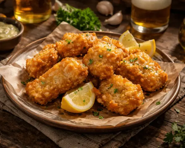 Crujiente bacalao rebozado servido en plato con gajos de limón y perejil picado. Acompañado de una salsa verde y cerveza.
