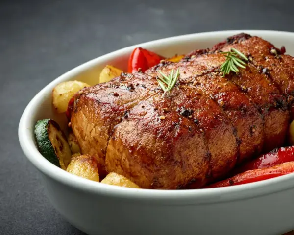 Chuleta de ternera al horno, jugosa y dorada, acompañada de patatas, pimientos rojos y calabacín en una fuente blanca.