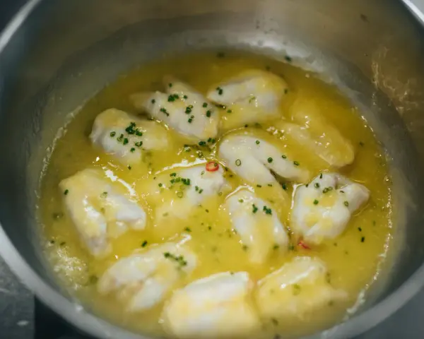 Trozo de bacalao al pil pil burbujeando en una sartén con aceite de oliva, ajo y perejil picado.