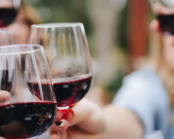 Un brindis con copas llenas de vino tinto, celebrando los mejores vinos de la Rioja Alavesa.