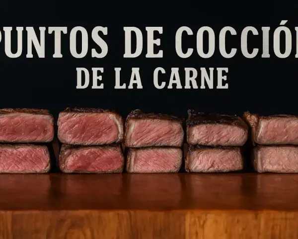 Cinco pares de cortes de carne apilados, mostrando diferentes puntos de cocción.