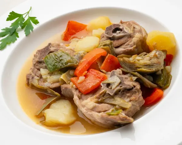 Cordero guisado receta tradicional con patatas, zanahorias y alcachofas en un plato blanco.