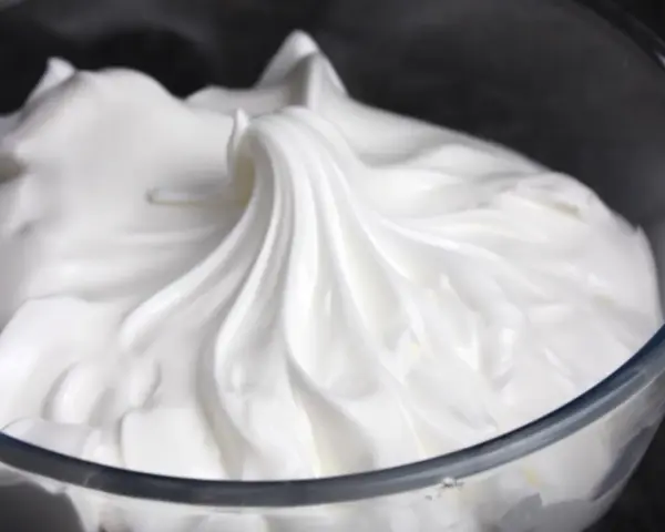 Merengue italiano esponjoso y brillante en un bol de cristal, listo para decorar postres.