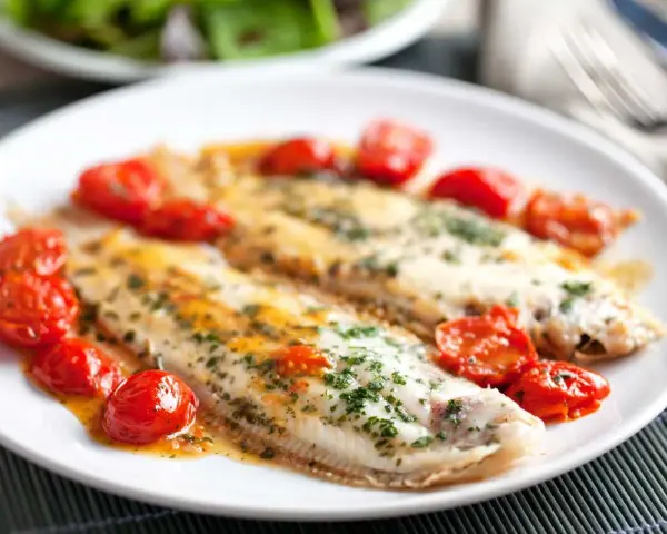 Dos filetes de lenguado a la plancha, servidos con tomates cherry salteados y perejil picado.