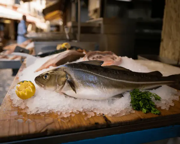 Pescado fresco en hielo, listo para deliciosas recetas de bacalao. Limón y perejil acompañan.