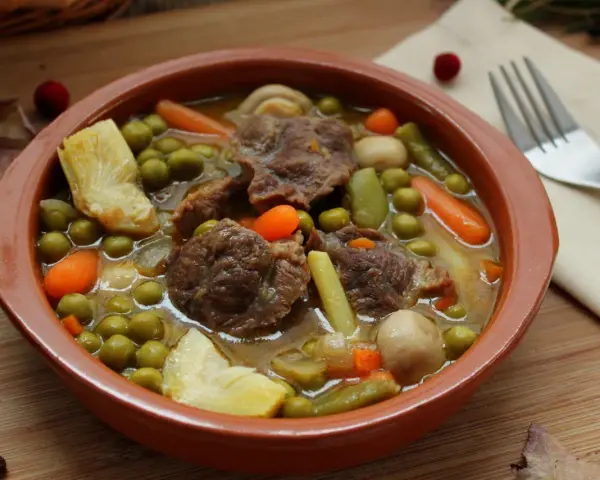 Menestra de verduras con carne, un plato reconfortante con trozos de carne tierna, guisantes, zanahorias y judías verdes en un caldo sabroso.