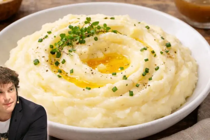 Un hombre sonríe junto a un plato de cremoso puré de patatas, adornado con hierbas frescas y un chorrito de mantequilla derretida.