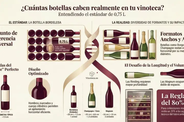 La composición del vino se muestra en botellas de diversos tamaños y formas, comparando el estándar de 0,75 L con formatos más grandes como Magnum.