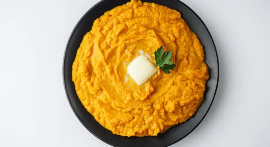 Un cremoso puré de boniato, coronado con una pastilla de mantequilla y una ramita de perejil, listo para disfrutar.