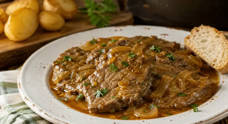 Filetes de ternera tiernos y jugosos, cocinados a la perfección con cebolla caramelizada y perejil fresco. Perfectos para freír y disfrutar.
