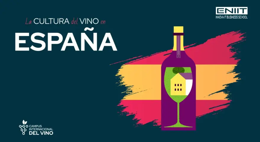 La cultura del vino en España: una botella y copa con una casa dentro, sobre los colores de la bandera española.