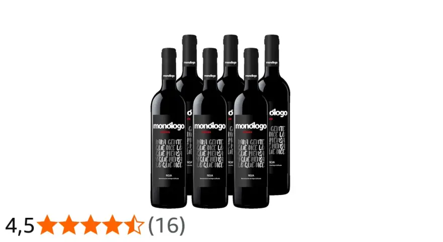 Seis botellas de vino tinto Monólogo Crianza. Las etiquetas muestran "Para gente que dice lo que piensa y piensa lo que dice". Opiniones positivas.