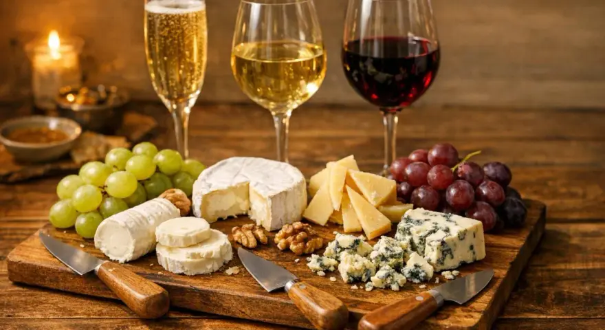 Tabla de quesos variados, uvas verdes y rojas, nueces y copas de vino espumoso, blanco y tinto.