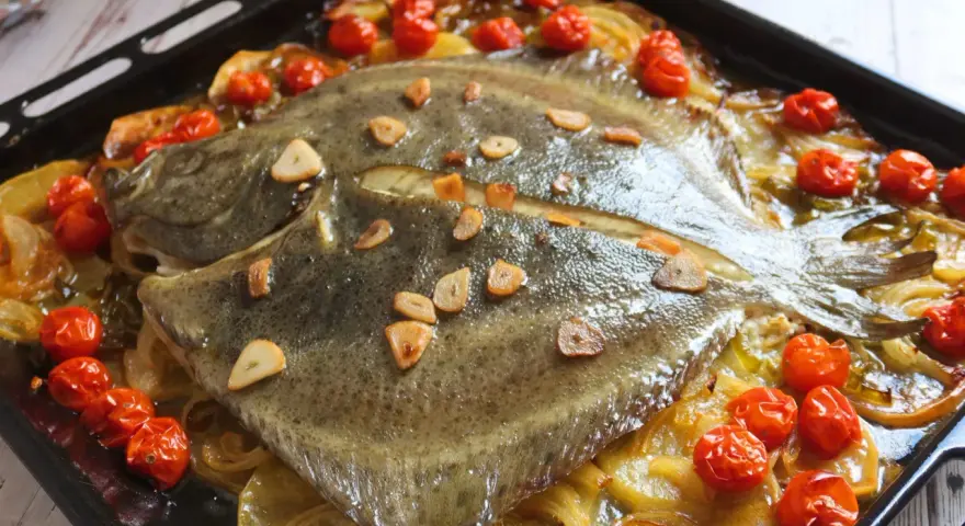 Rodaballo al horno con tomates cherry y láminas de ajo, sobre una cama de hinojo y patatas. Un plato delicioso y aromático.