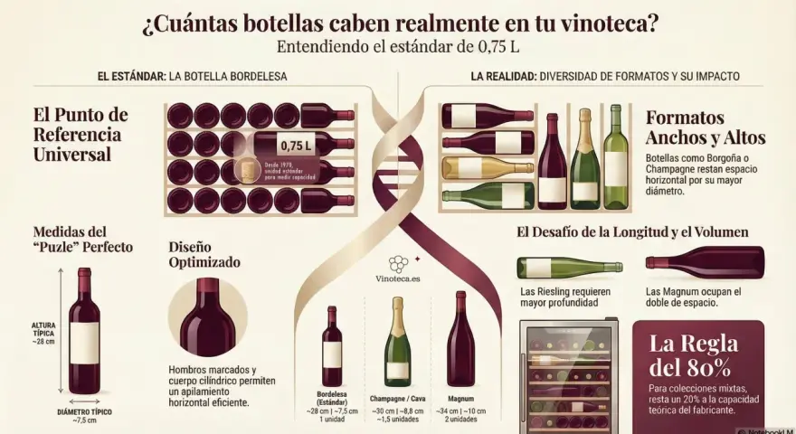 La composición del vino se muestra en botellas de diversos tamaños y formas, comparando el estándar de 0,75 L con formatos más grandes como Magnum.