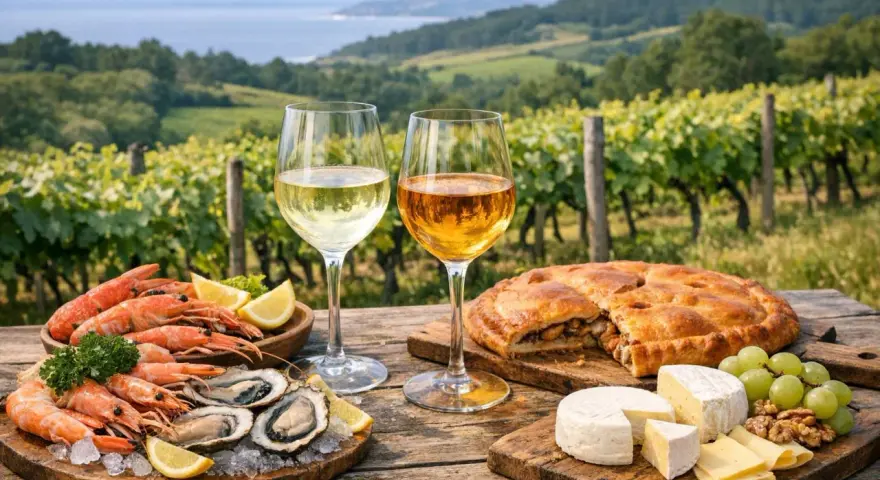 Dos copas de vino blanco, marisco fresco, empanada y quesos, perfectos para acompañar los mejores albariños en un viñedo.