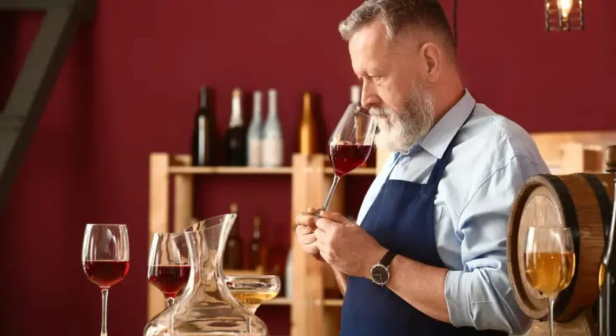 Un experimentado catador de vinos, con barba canosa, huele un cáliz de vino tinto. En la mesa, copas y una jarra con vino.