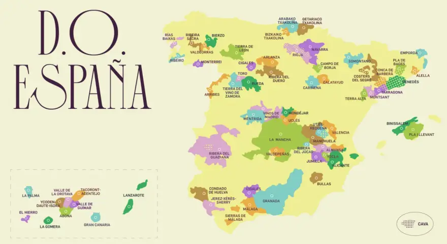 Mapa de España con las distintas denominaciones de origen de vinos. Cada región vinícola está coloreada y etiquetada, mostrando la diversidad de vinos de denominación de origen.