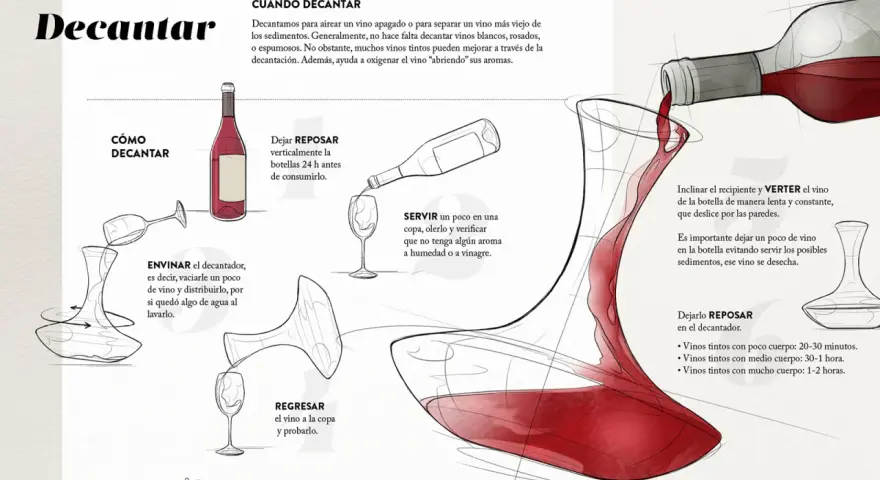 Ilustración explica cómo decantar un vino tinto, aireándolo y separando sedimentos. Incluye pasos como reposar, envinare, verter y dejar reposar en el decantador.