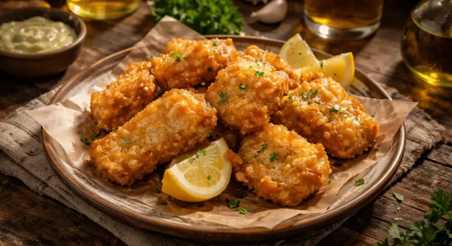 Crujiente bacalao rebozado servido en plato con gajos de limón y perejil picado. Acompañado de una salsa verde y cerveza.