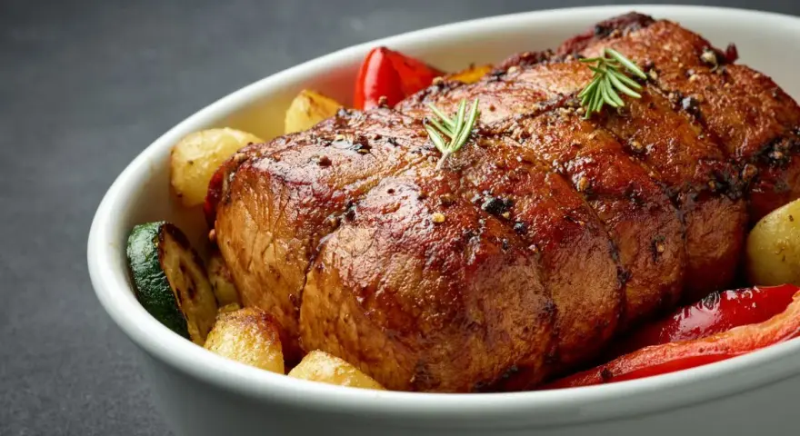 Chuleta de ternera al horno, jugosa y dorada, acompañada de patatas, pimientos rojos y calabacín en una fuente blanca.