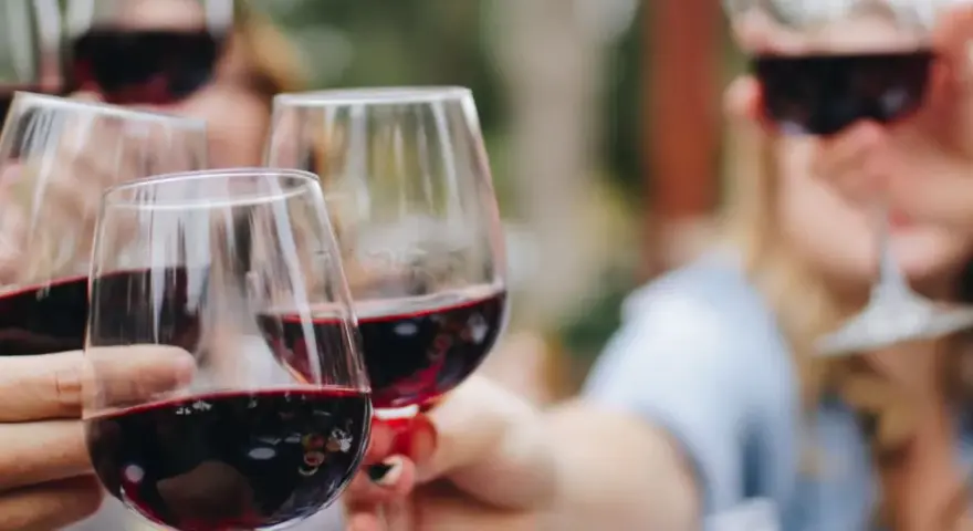 Un brindis con copas llenas de vino tinto, celebrando los mejores vinos de la Rioja Alavesa.