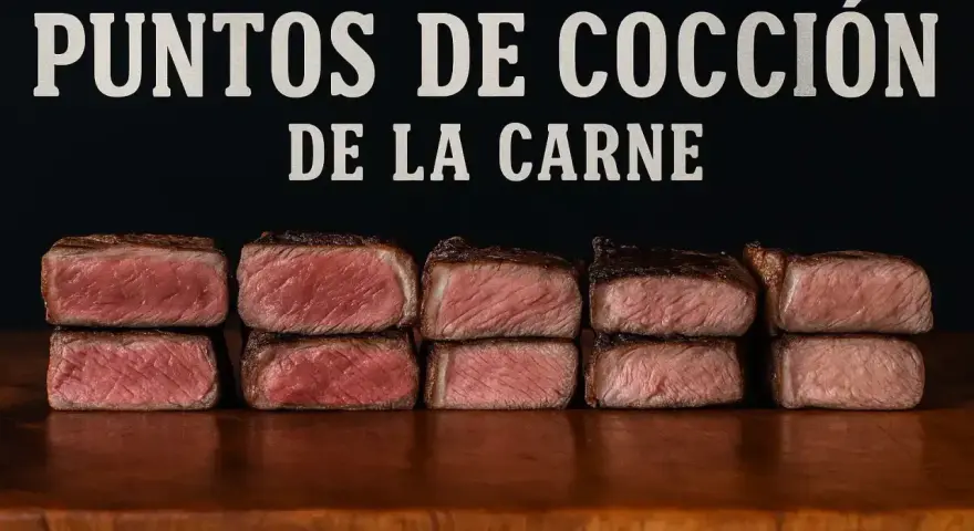 Cinco pares de cortes de carne apilados, mostrando diferentes puntos de cocción.