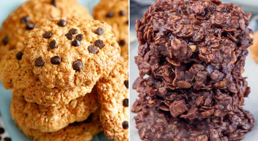 Dos tipos de galletas de avena y chocolate: unas clásicas con chispas y otras tipo "no-bake" oscuras y brillantes.
