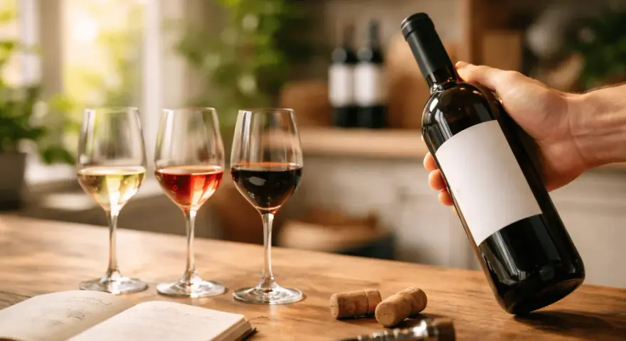 Mano sostiene botella de vino tinto, tres copas llenas y un libro abierto. ¿Que vino es mejor?