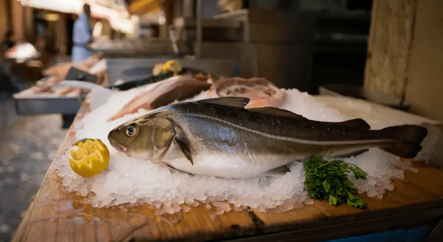 Pescado fresco en hielo, listo para deliciosas recetas de bacalao. Limón y perejil acompañan.