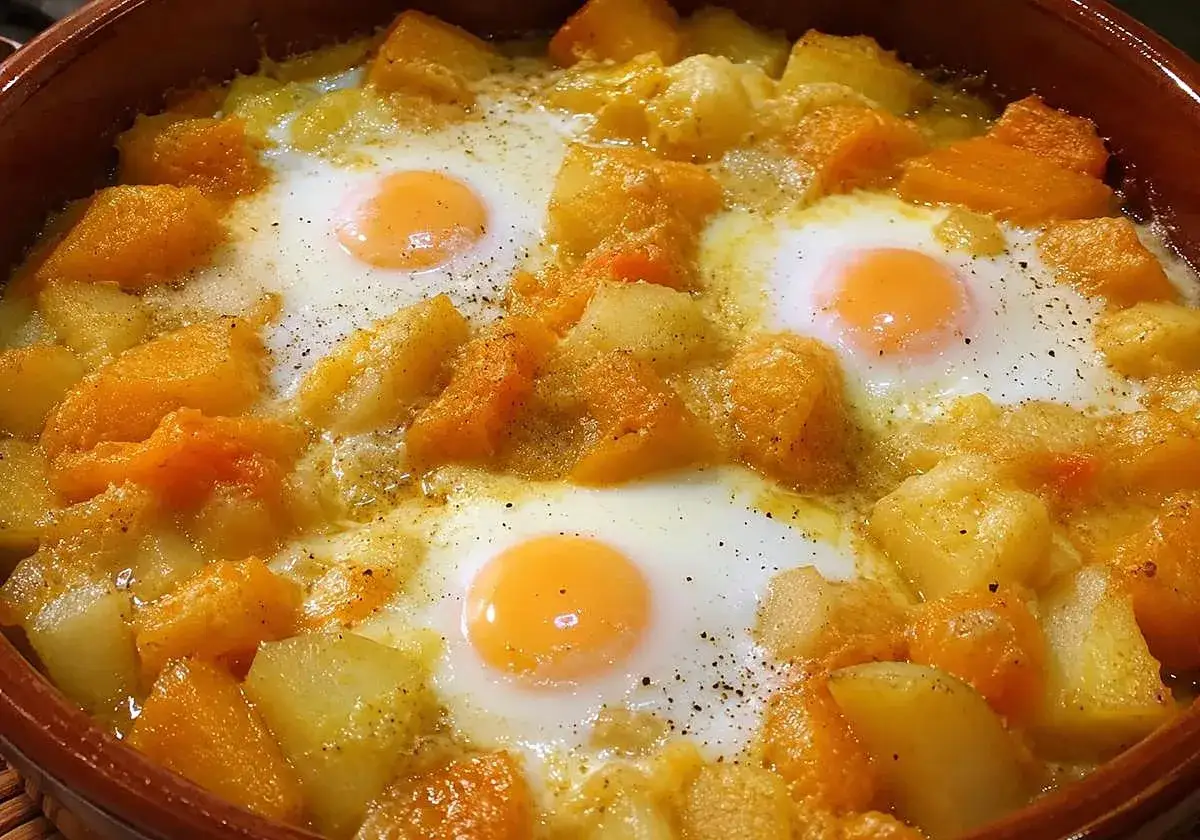 Un plato rústico con huevos horneados sobre trozos de calabaza y patata. Una de las muchas deliciosas recetas con calabaza.