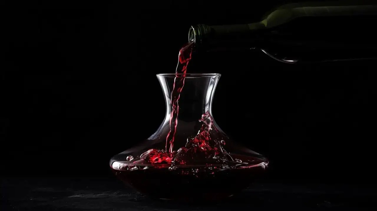 Vino tinto cayendo de una botella a una jarra de cristal, un proceso para como decantar un vino y airearlo.