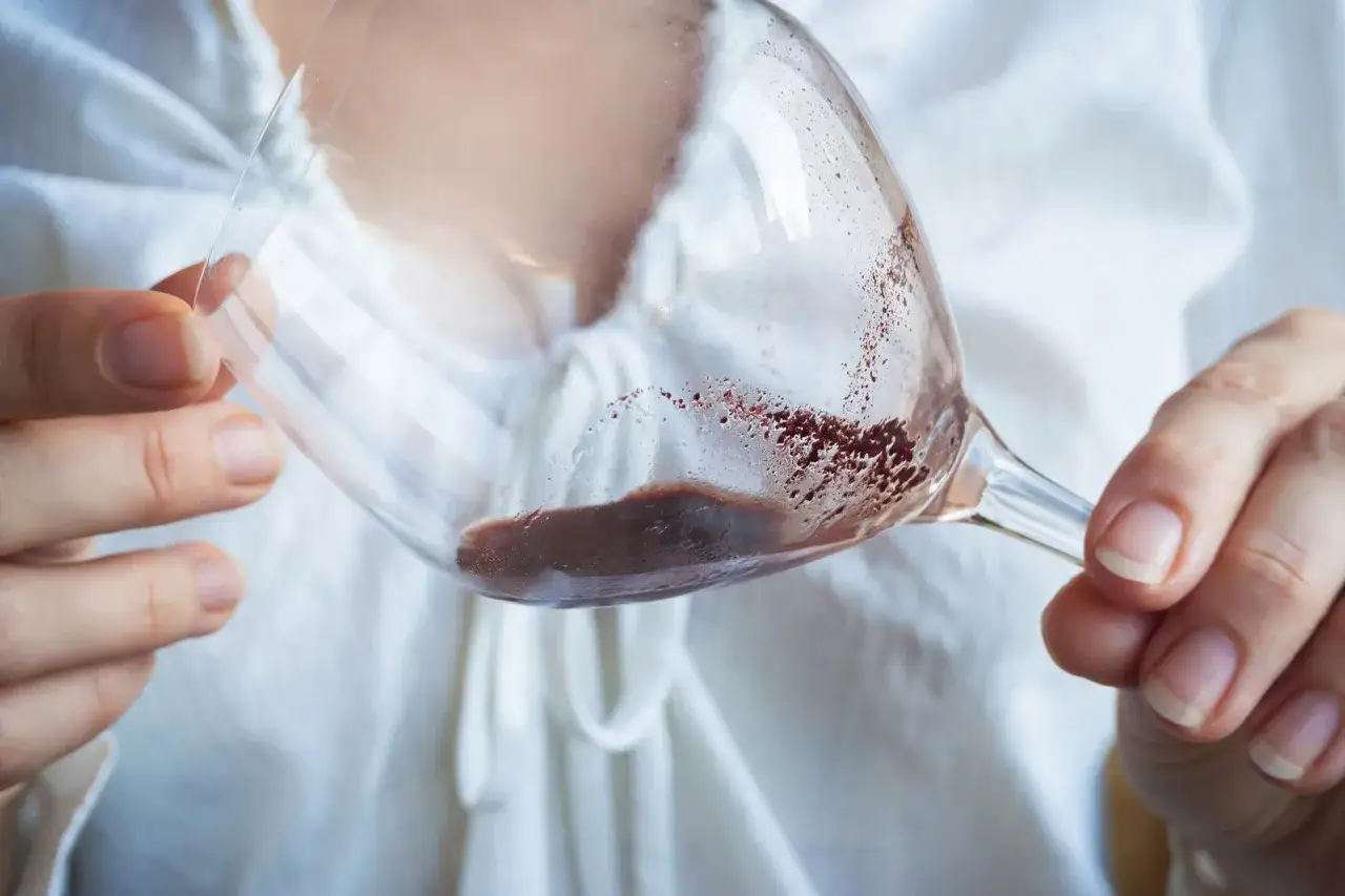 Manos sostienen una copa de vino con sedimento del vino en el fondo.
