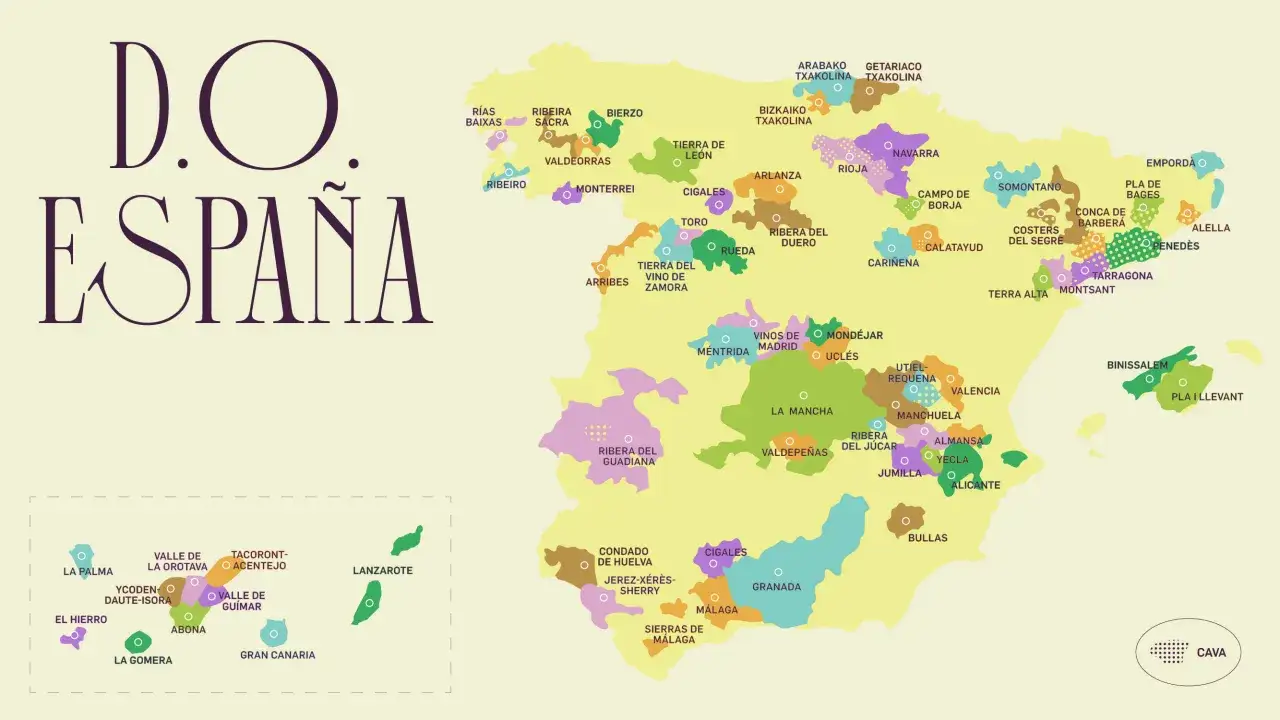 Mapa de Espa&ntilde;a con Denominaciones de Origen (D.O.) de vino, mostrando regiones y la ubicaci&oacute;n de cada cepa de uva.