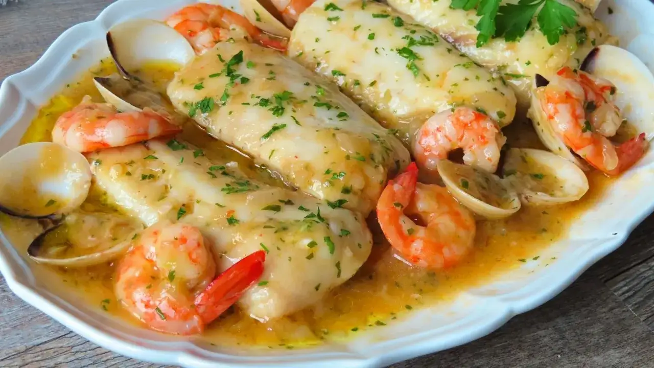 Merluza a la marinera con gambas y almejas, todo bañado en una salsa dorada y espolvoreado con perejil fresco.