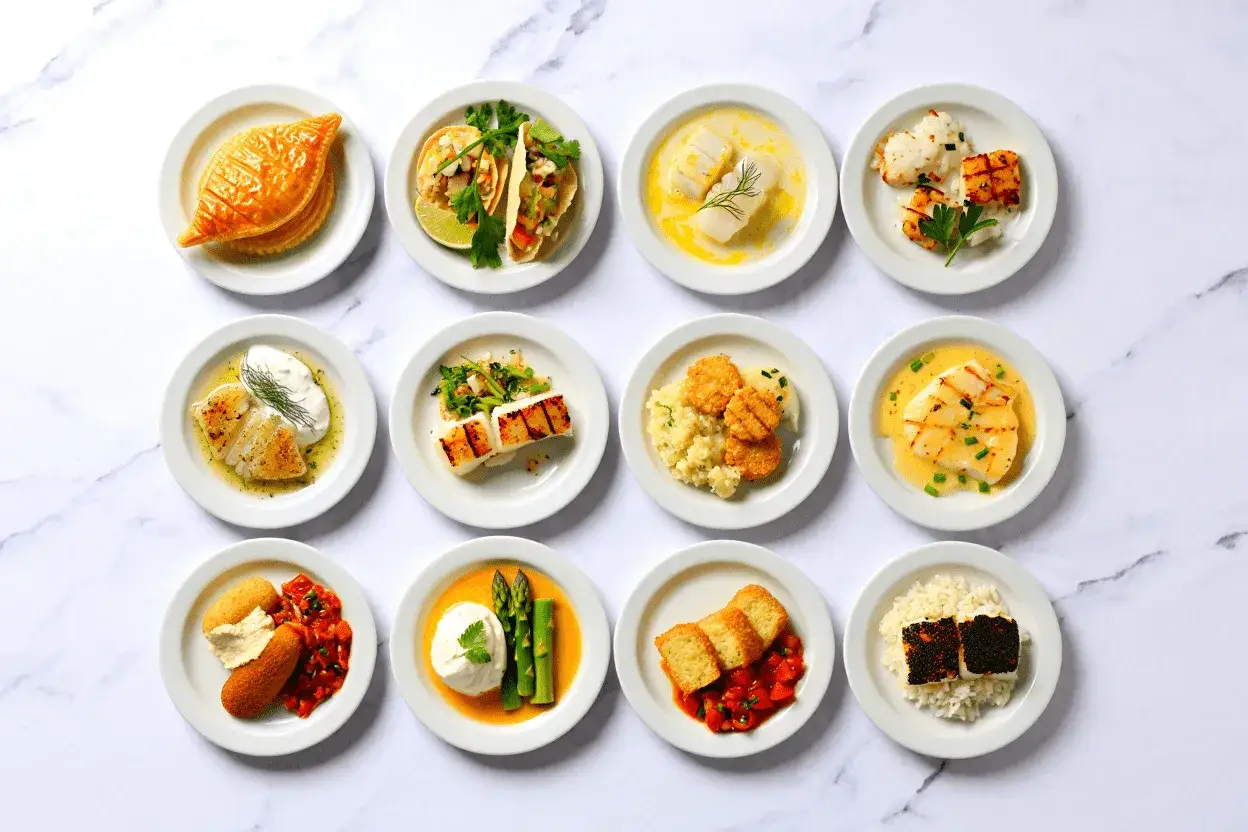 Variedad de platos con bacalao: empanada, tacos, a la parrilla, frito y más. Inspiración para tus recetas de bacalao.