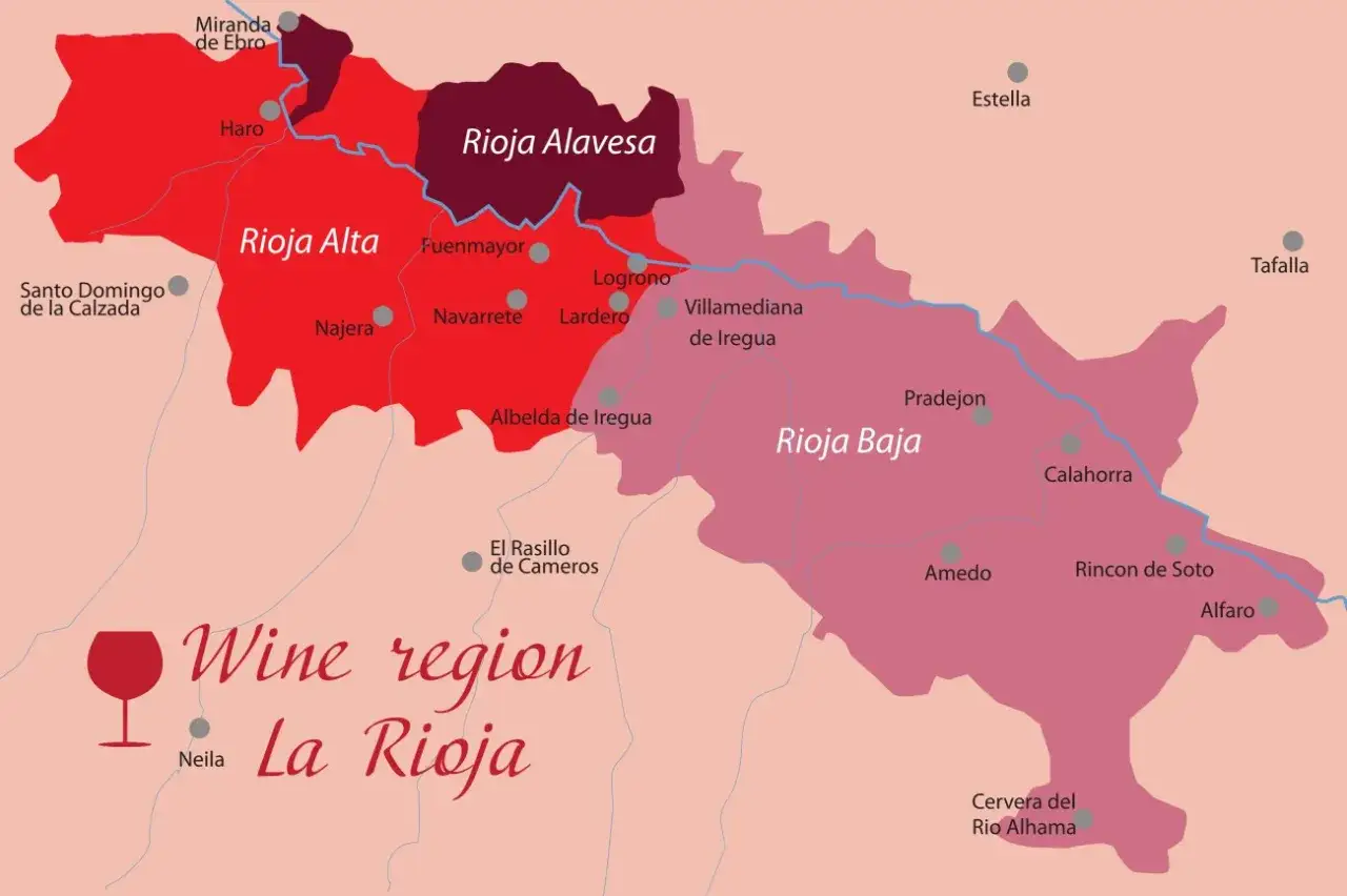 Mapa de la región vinícola de La Rioja, mostrando las subzonas Rioja Alavesa, Rioja Alta y Rioja Baja, con sus principales localidades. Un viaje por la denominación de origen Rioja.