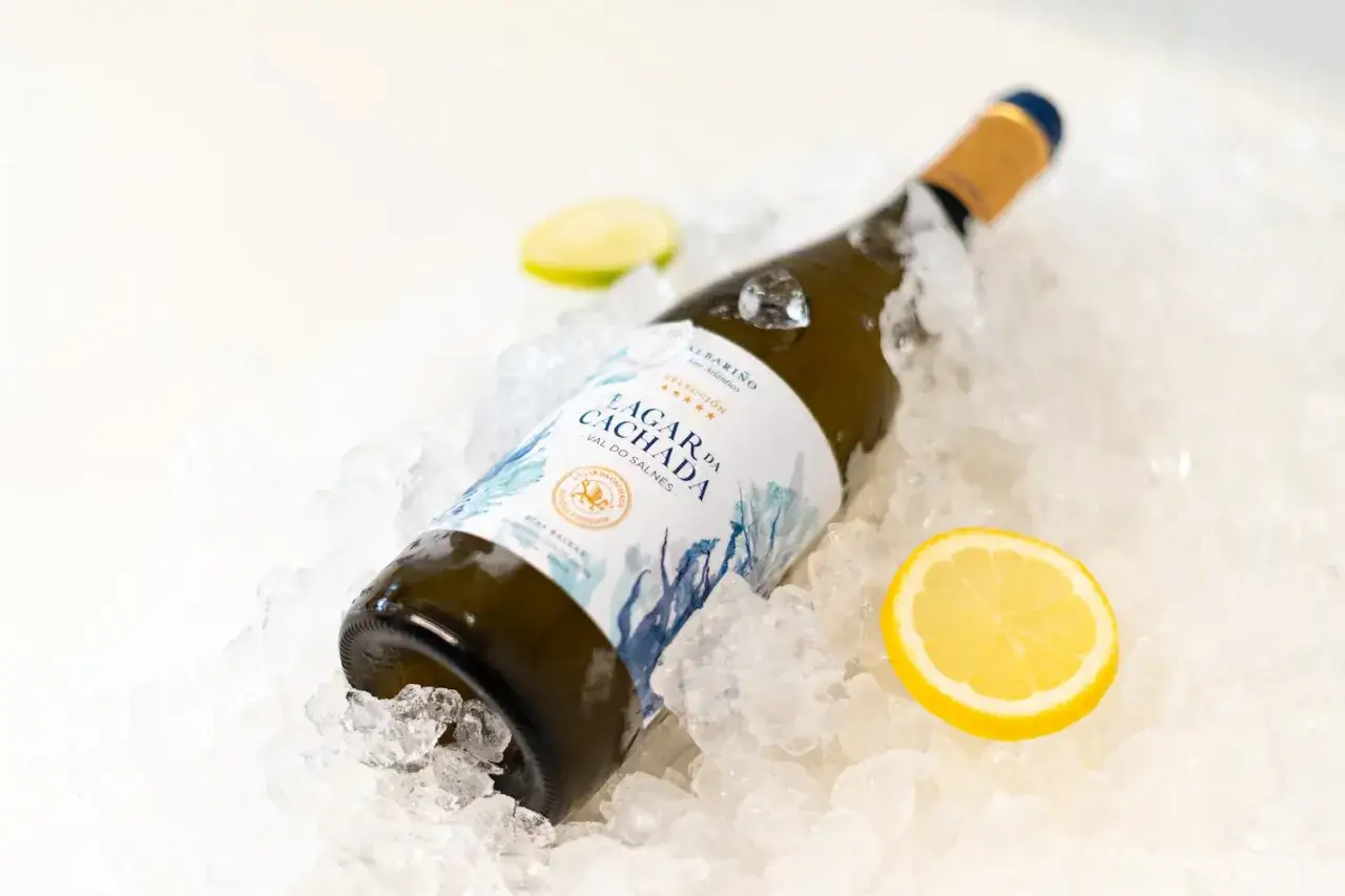 Botella de Albariño Lagar da Cachada sobre hielo, con rodajas de limón y lima. Un ejemplo de los mejores albariños para refrescar.