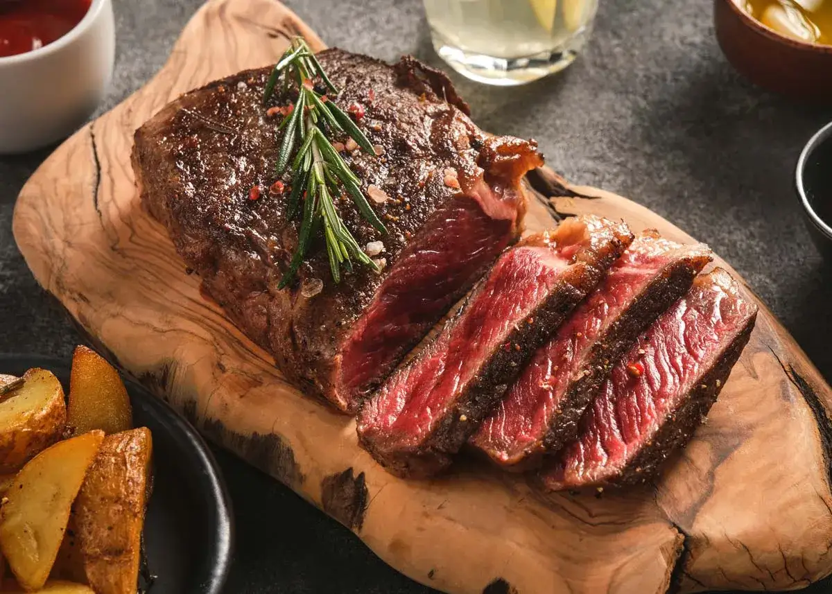 Entrecot al horno jugoso, perfectamente sellado y cortado, servido con romero y patatas rústicas. ¡La guía definitiva para como hacer entrecot al horno jugoso!