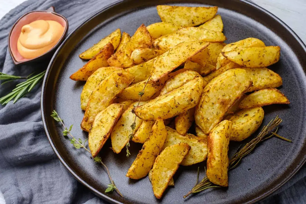 Patatas gajo doradas y crujientes, sazonadas con hierbas, servidas en un plato oscuro con una salsa cremosa y romero fresco.