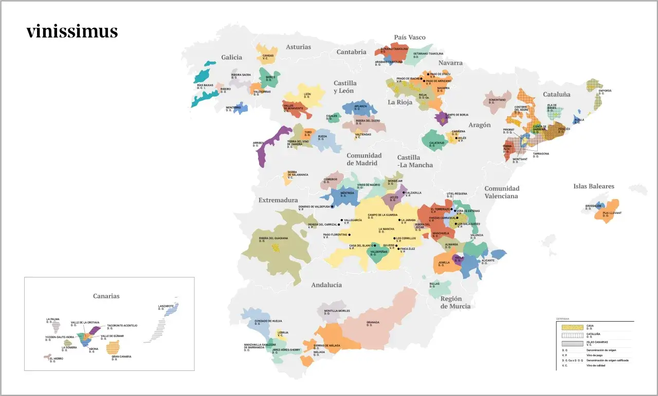 Mapa de España con las regiones vinícolas y tipos de vino tinto en España.