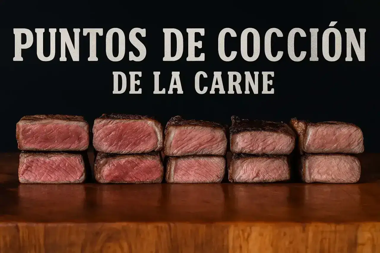 Filetes apilados muestran diferentes puntos de cocción, desde un rojo intenso de carne poco hecha hasta un rosado más cocido.