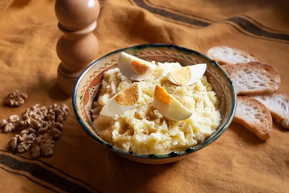 Delicioso atascaburras receta con puré de patatas, huevo duro y pan tostado.