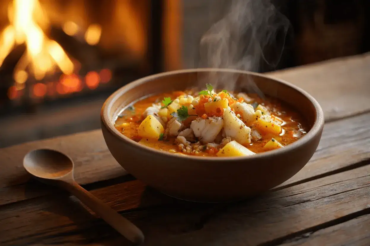 Un reconfortante plato de patatas con bacalao humea junto a una chimenea encendida.